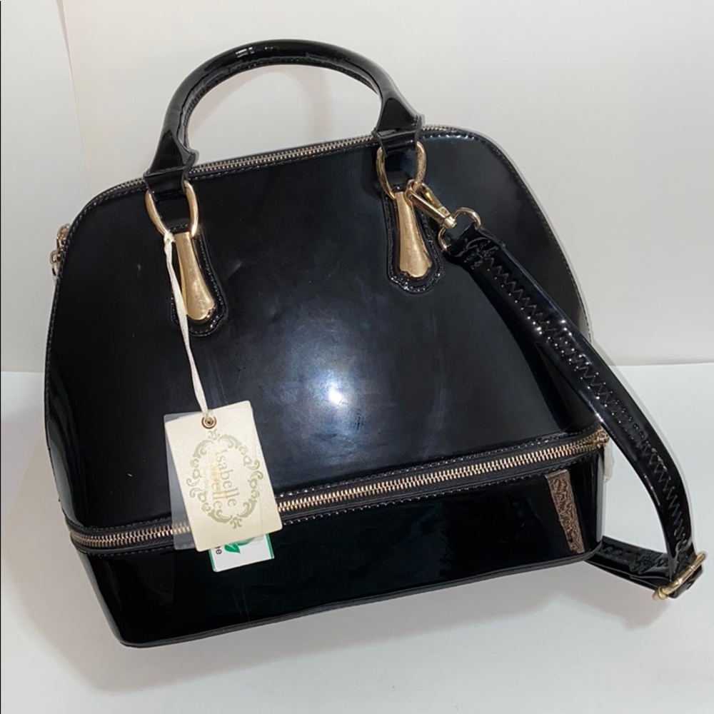 Polished black purse with multiple compartments